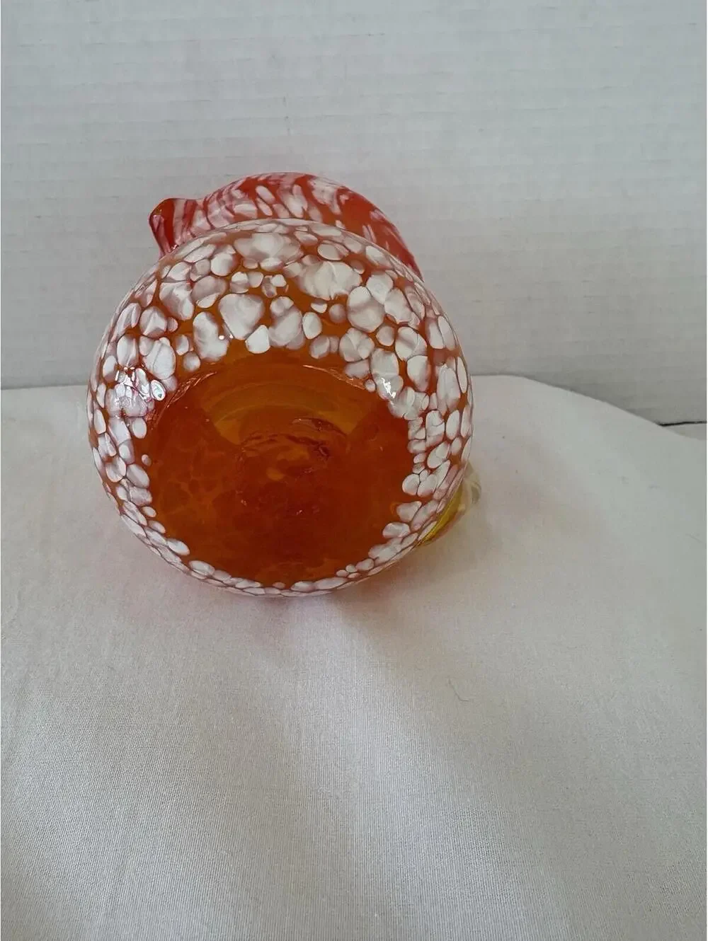 Vintage Hand Blown Rainbow Art Glass Pitcher Small Orange White & Yelllow